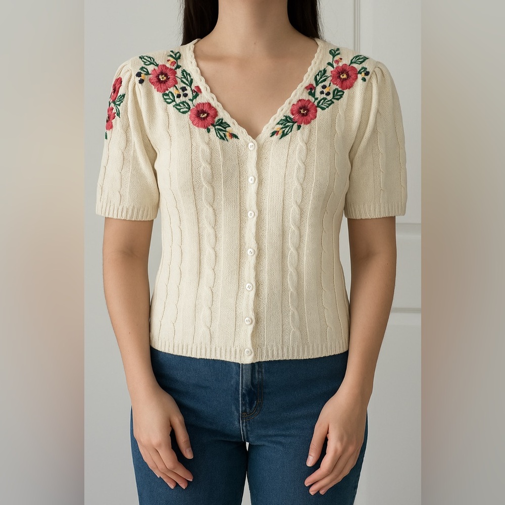 VTG 1980s Herman Geist Hand Embroidered Knit Short Sleeve Cardigan Sweater - S - Picture 1 of 5